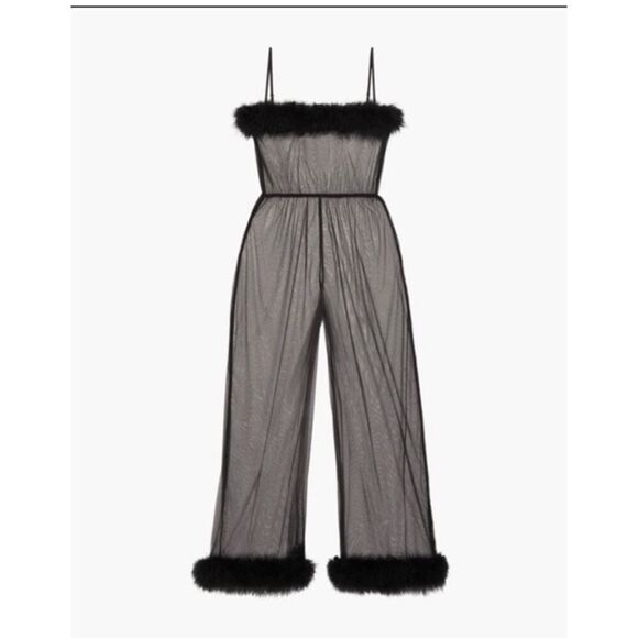 NWT Savage X Fenty Sheer Black Marabou Jumpsuit XS-S Sexy Mesh Loungewear - Picture 3 of 6